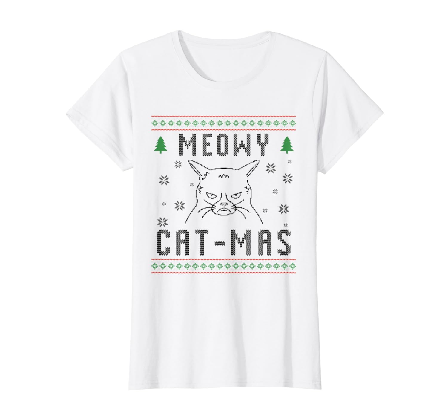 Meowy Catmas Christmas Pun Ugly Cat Meme Funny Grumpy Kitten TShirt